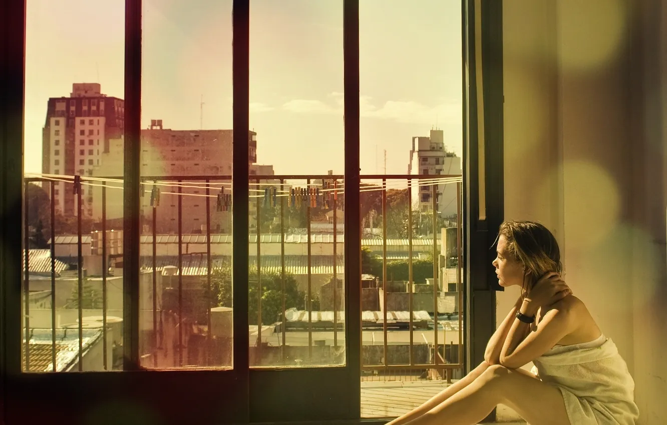 Photo wallpaper girl, the sun, balcony, sitting