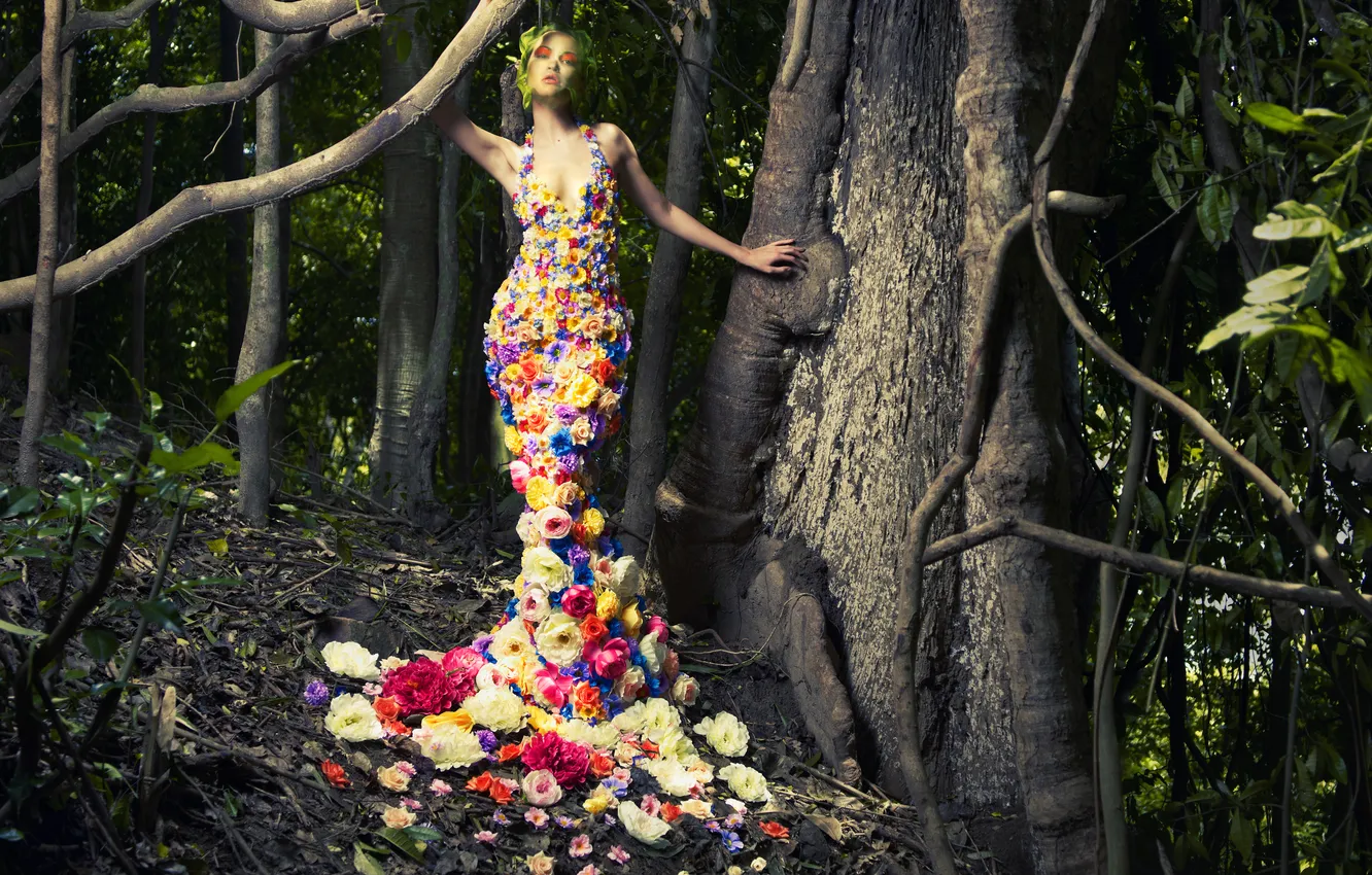 Photo wallpaper look, girl, pose, hands, dress, makeup. trees, flowers. bright