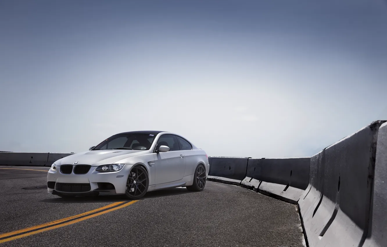 Photo wallpaper road, the sky, bmw, BMW, silver, turn, e92, silvery