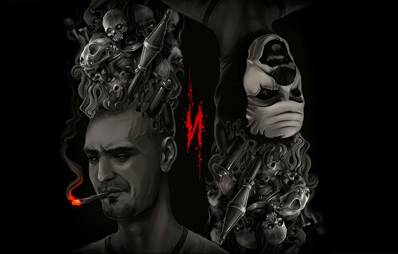 Photo wallpaper music, skull, mask, wallpaper, microphone, red, RPG, black