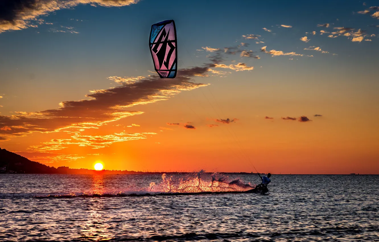 Photo wallpaper the sky, clouds, wave, The sun, sail, sky, clouds, sun