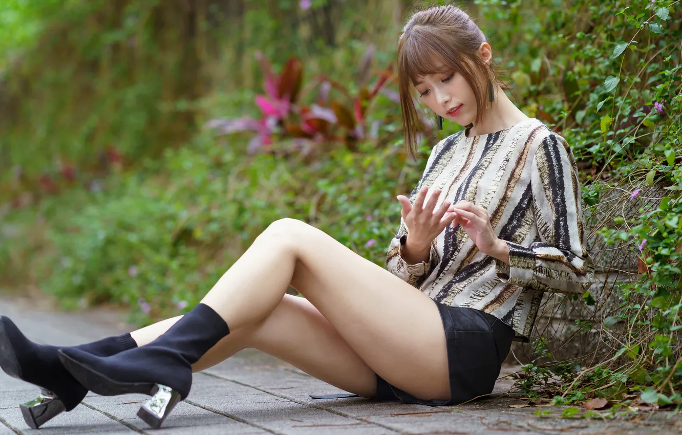 Photo wallpaper girl, shorts, blouse, legs, Asian, sitting