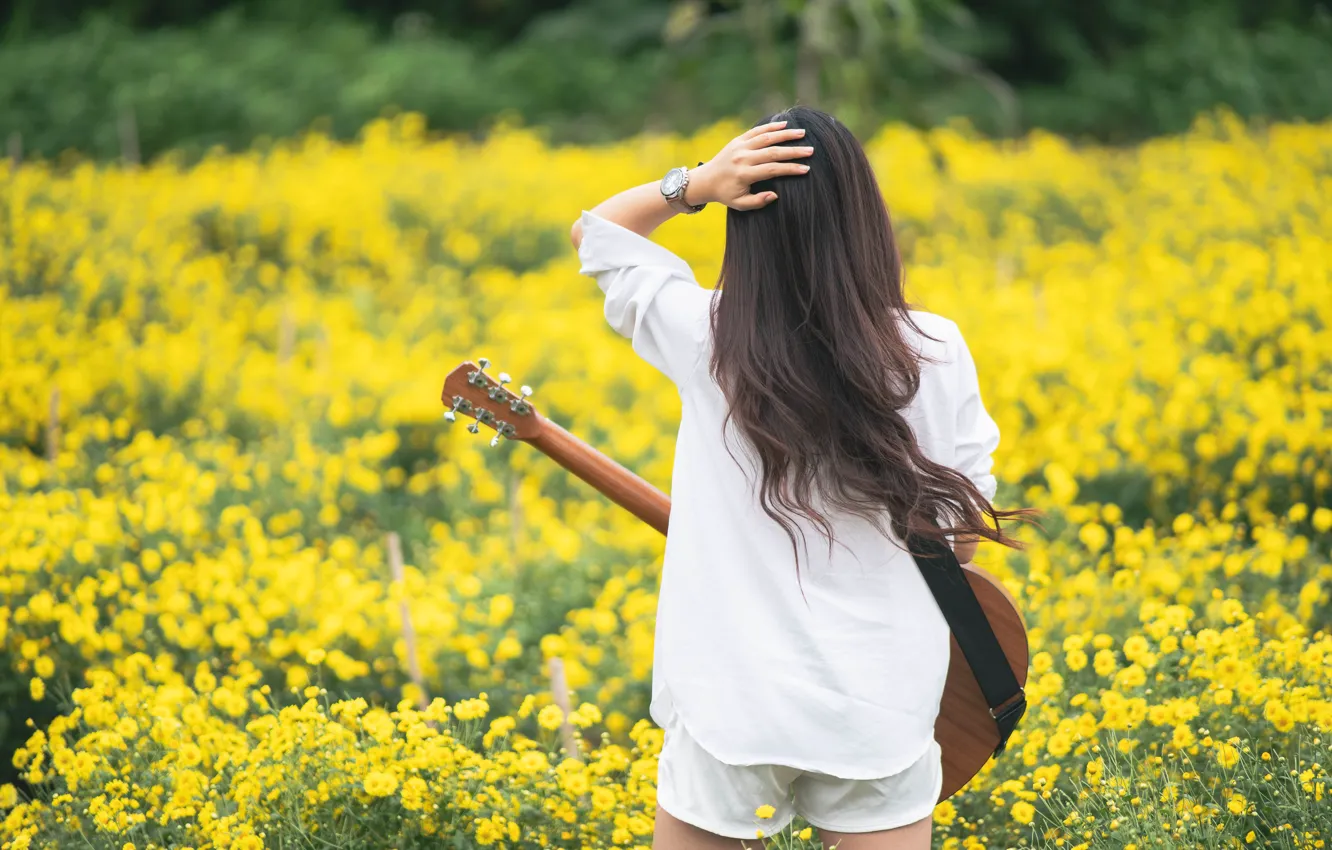 Photo wallpaper field, summer, girl, flowers, guitar, is back