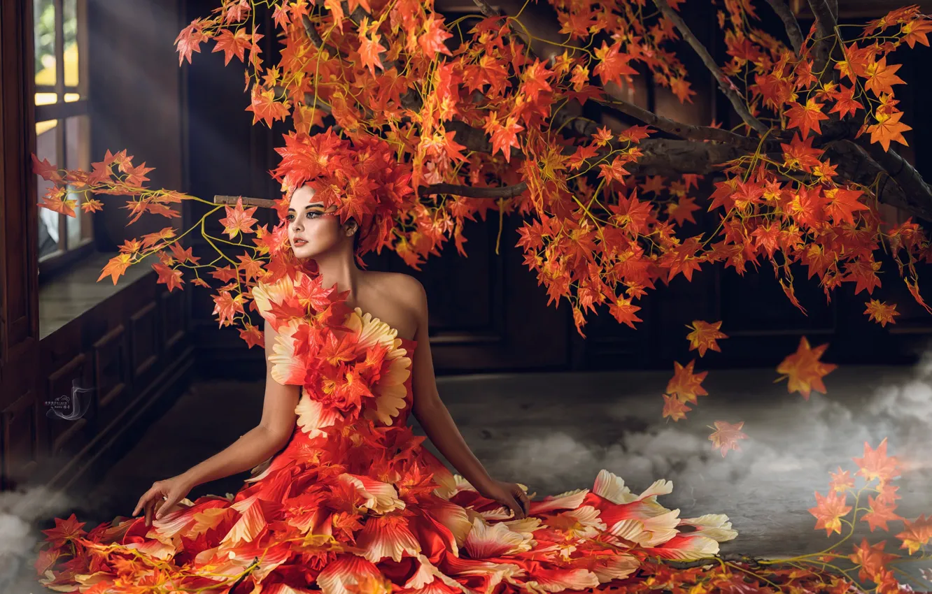 Photo wallpaper autumn, leaves, girl, trees, style