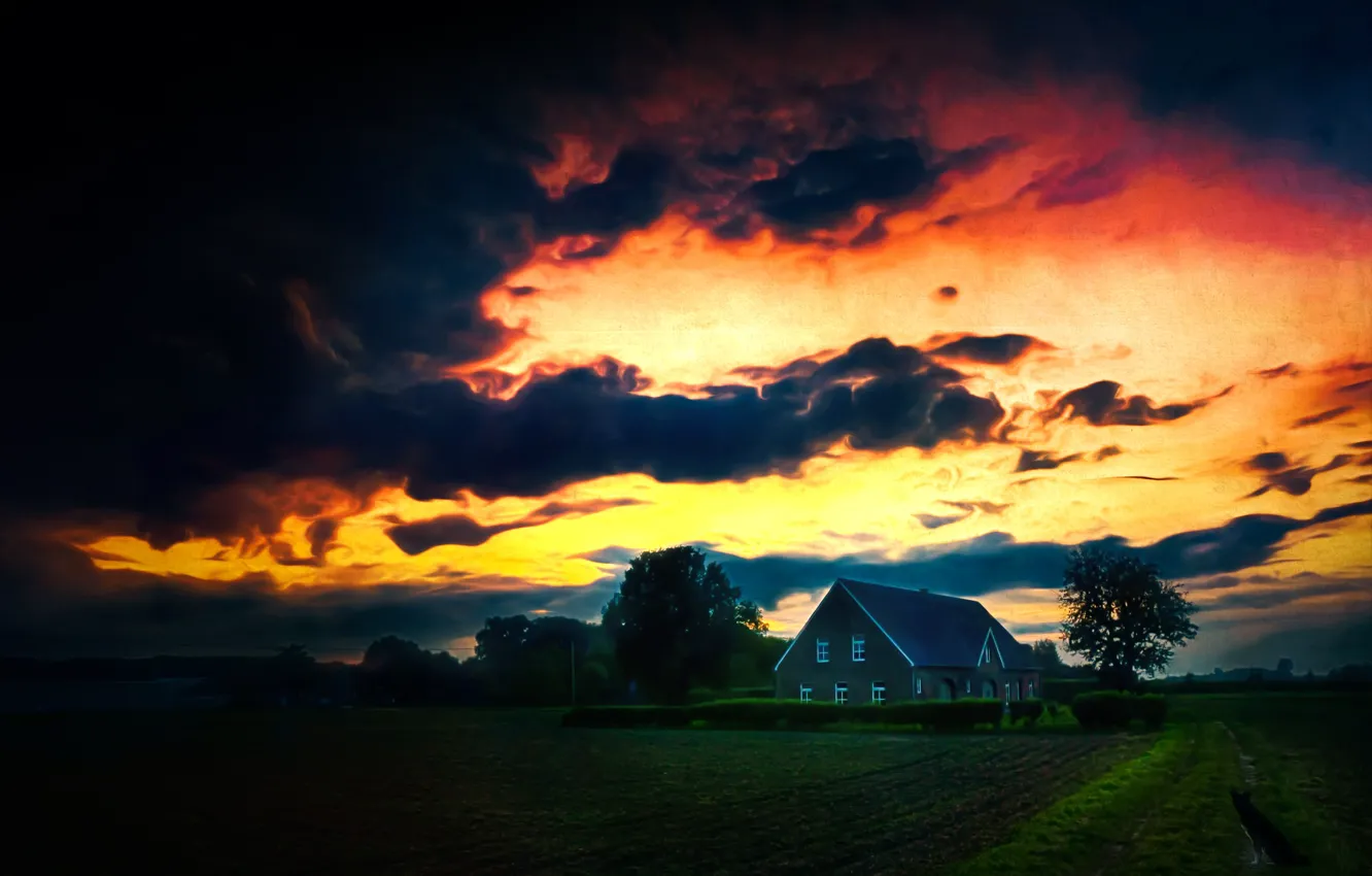 Photo wallpaper clouds, house, Germany, glow