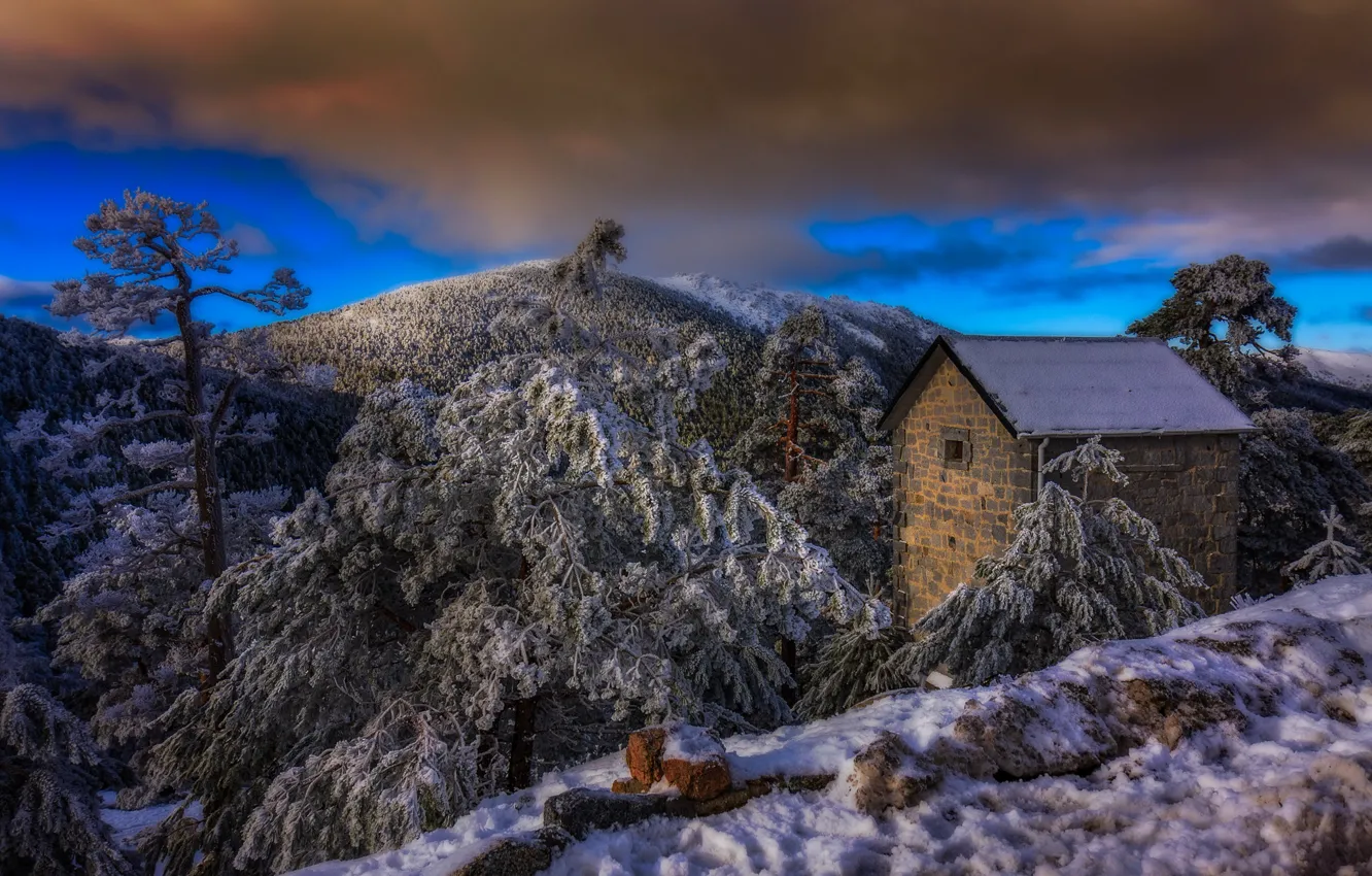 Photo wallpaper snow, mountains, clouds, house, Spain