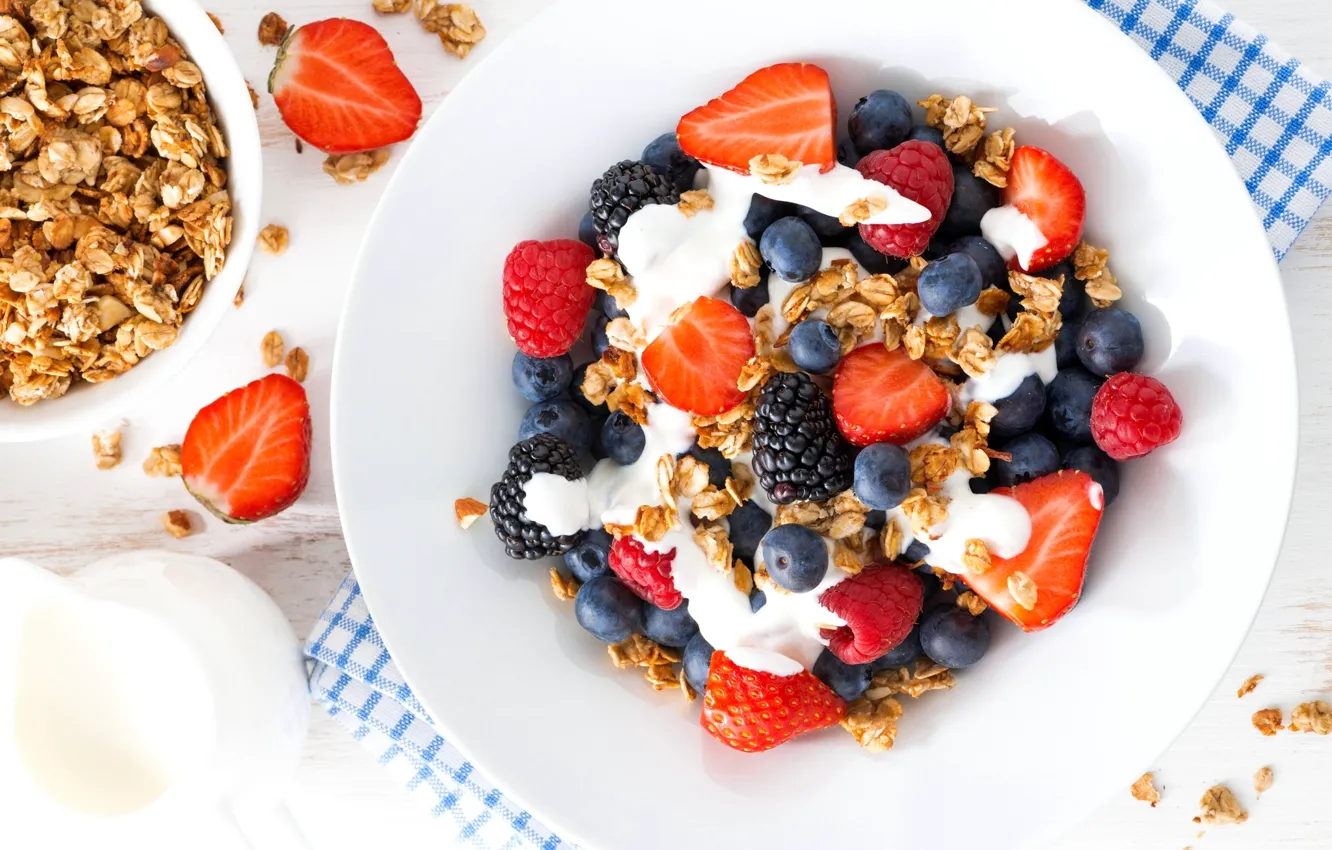 Photo wallpaper berries, raspberry, strawberry, BlackBerry, blueberries, yogurt, granola