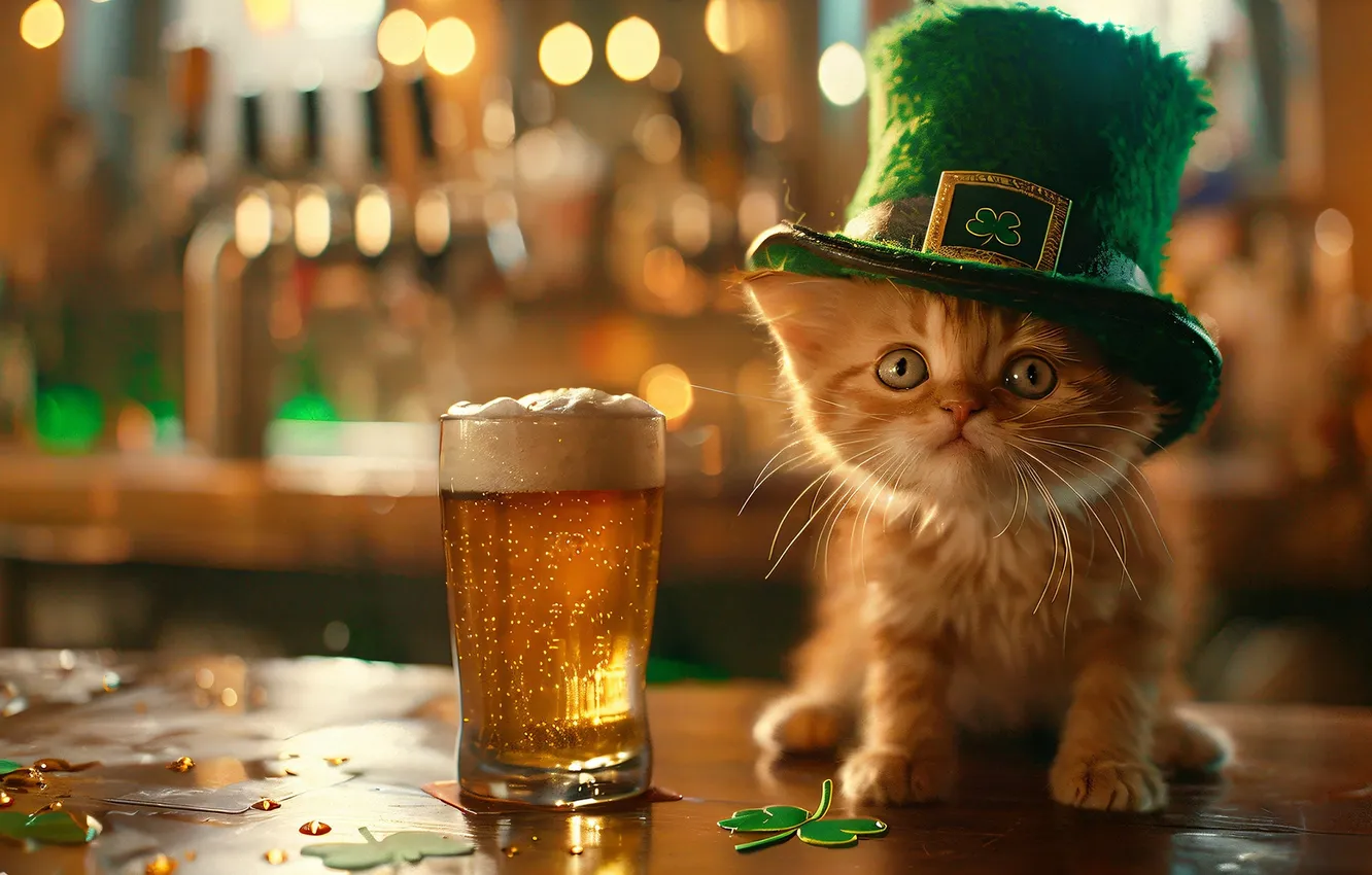 Photo wallpaper glass, beer, hat, kitty