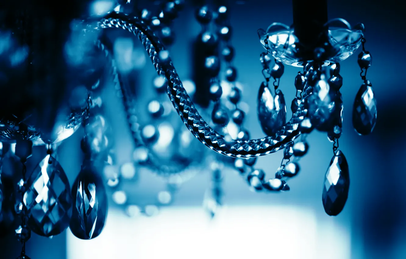 Photo wallpaper glass, drops, blue, blue, dark, chandelier