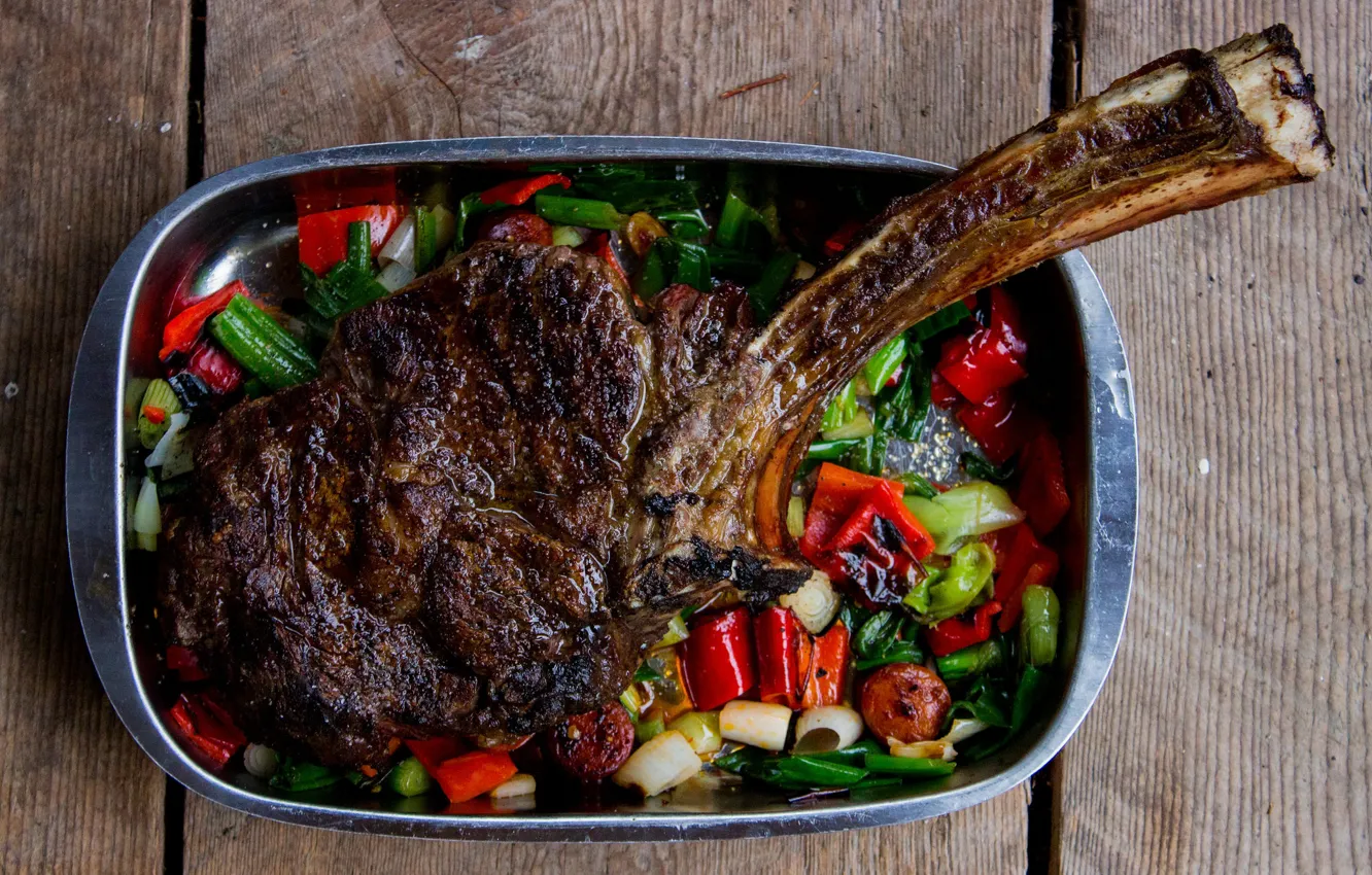 Photo wallpaper greens, meat, vegetables, piece, fried