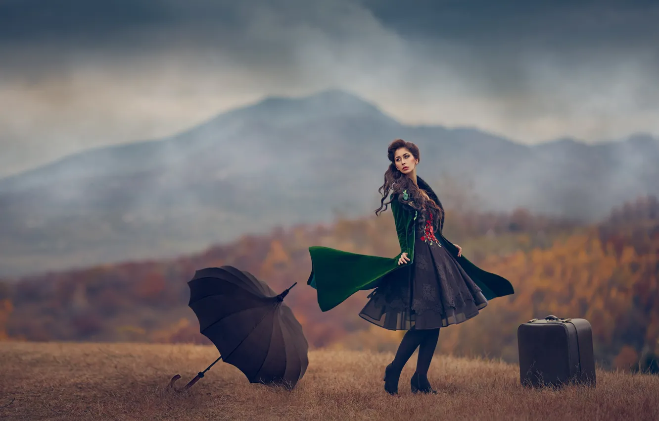 Photo wallpaper autumn, girl, umbrella, mood, dress, suitcase, Monica Lazar