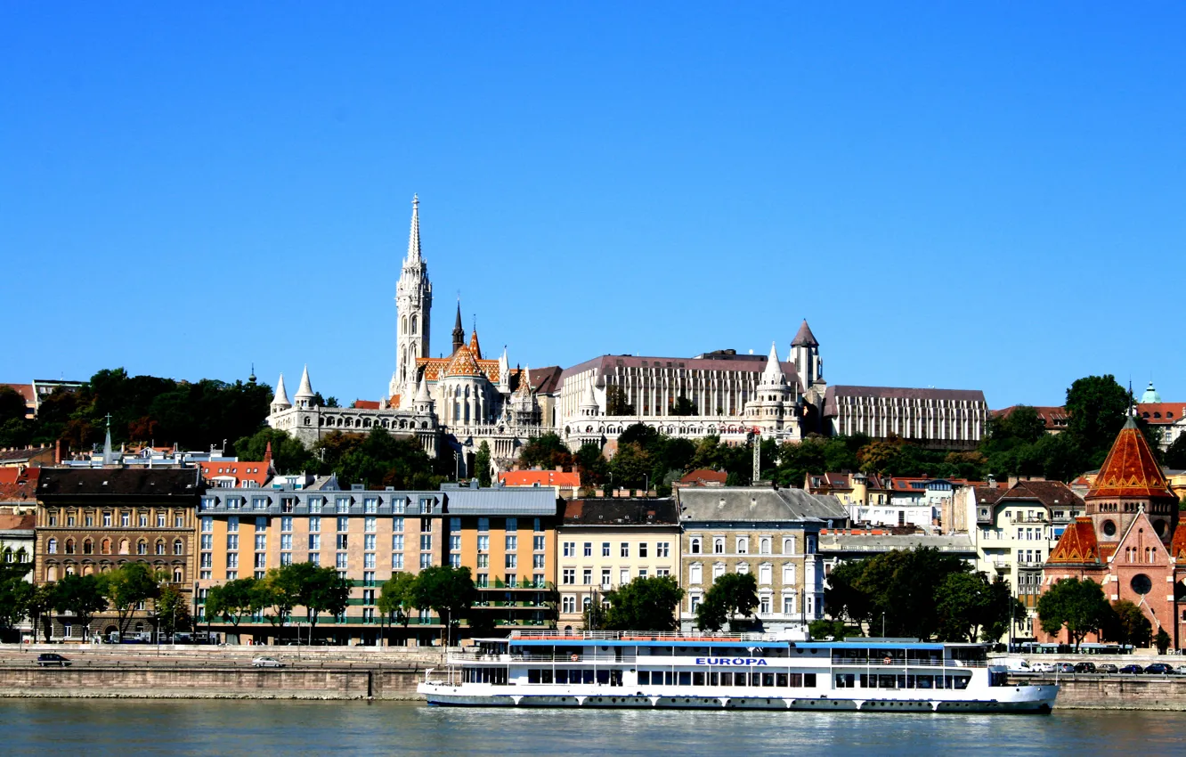 Photo wallpaper the sky, river, hills, ship, home, Palace