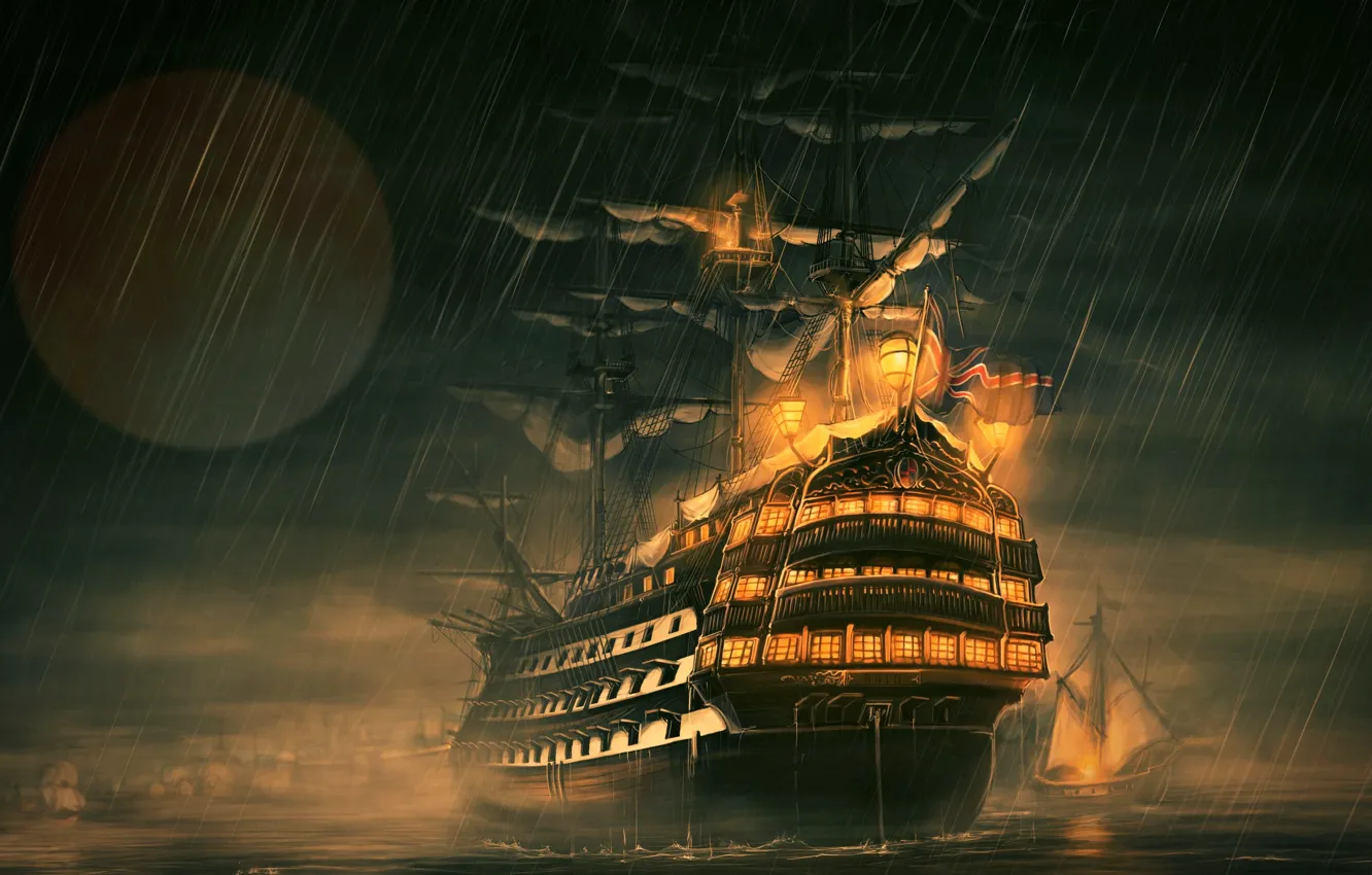 Photo wallpaper night, rain, the moon, ship, RAID