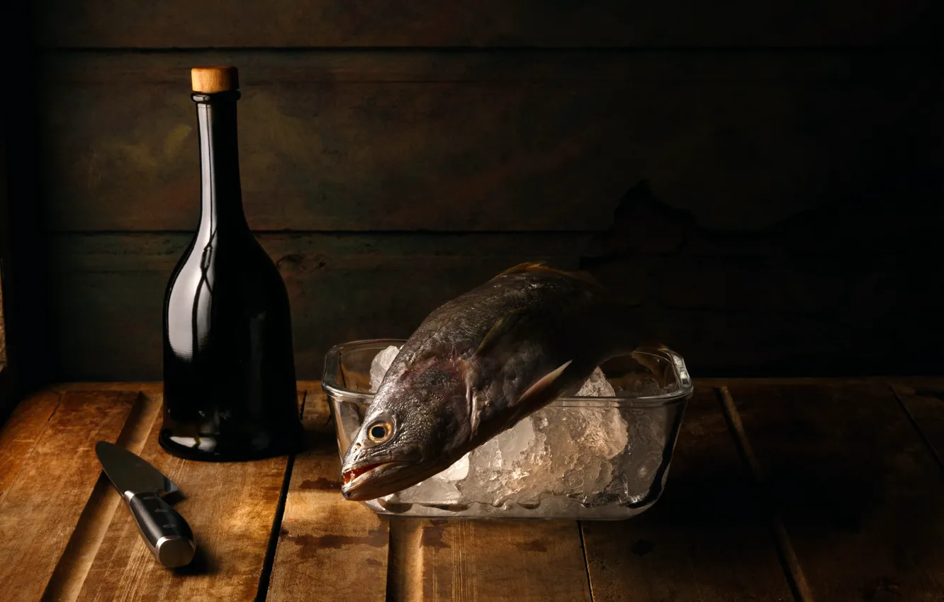 Photo wallpaper table, bottle, fish, knife, still life
