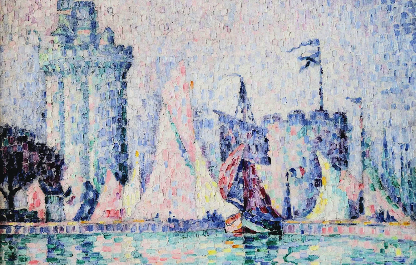 Photo wallpaper boat, tower, picture, sail, Paul Signac, pointillism, The Port Of La Rochelle