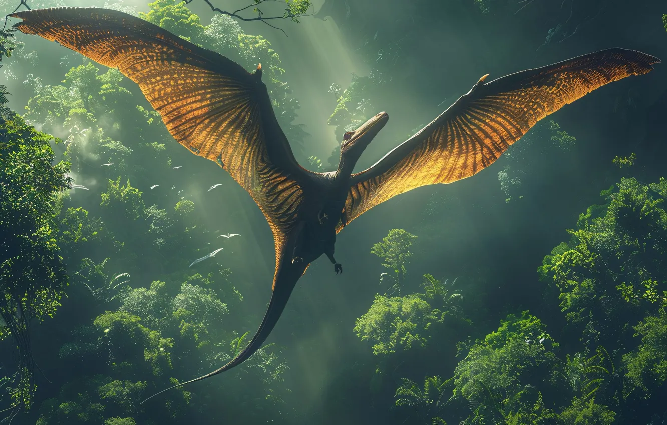 Photo wallpaper flight, animal, wings, dinosaur, jungle, pterodactyl, digital art, Ancient animals
