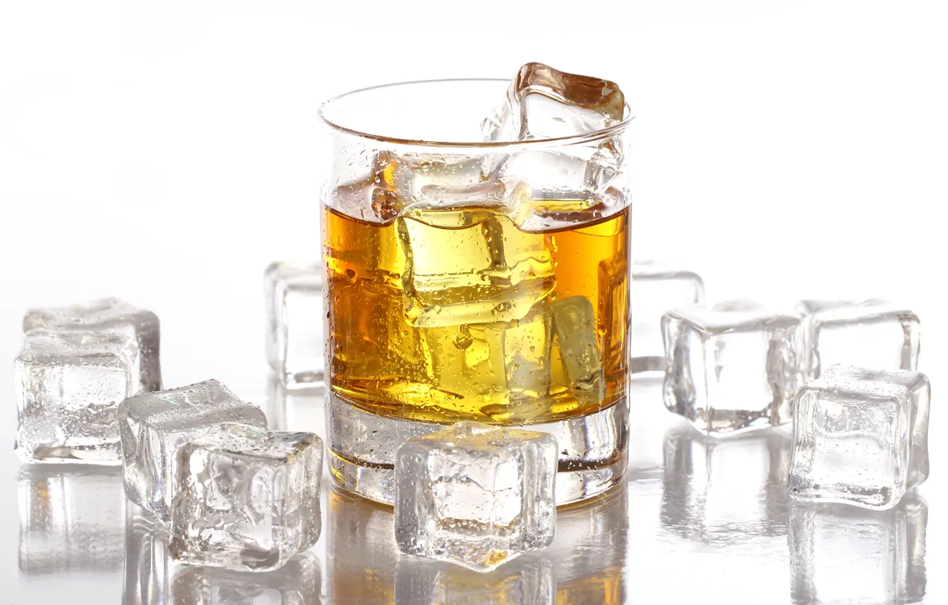 Photo wallpaper ice, drops, cubes, glass, white background, whiskey