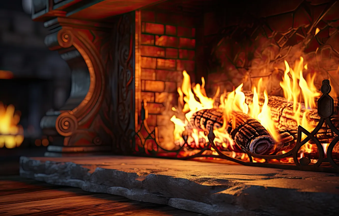 Photo wallpaper lights, comfort, room, the evening, fireplace, winter, fireplace, cozy