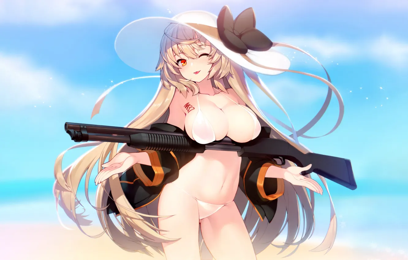 Photo wallpaper girl, sexy, cleavage, long hair, hat, boobs, anime, beautiful