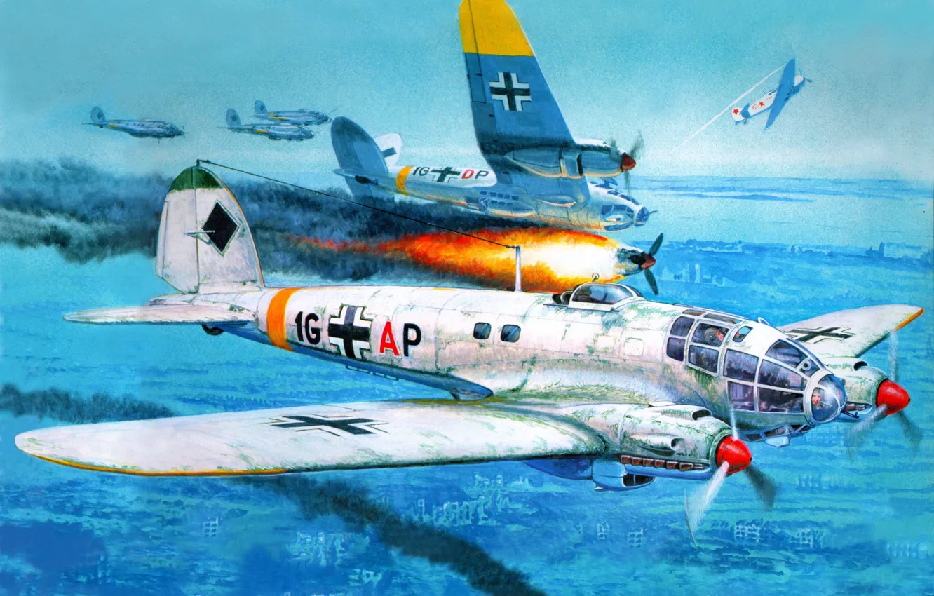 Photo wallpaper the sky, war, Art, German, average, Heinkel, bombardirovshik, Battle squadron 27