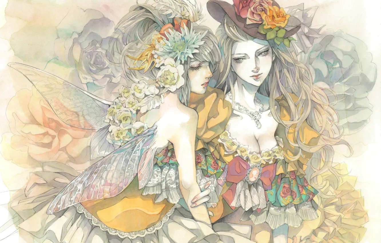 Photo wallpaper flowers, girls, figure, wings, hat, dress, fairy, art