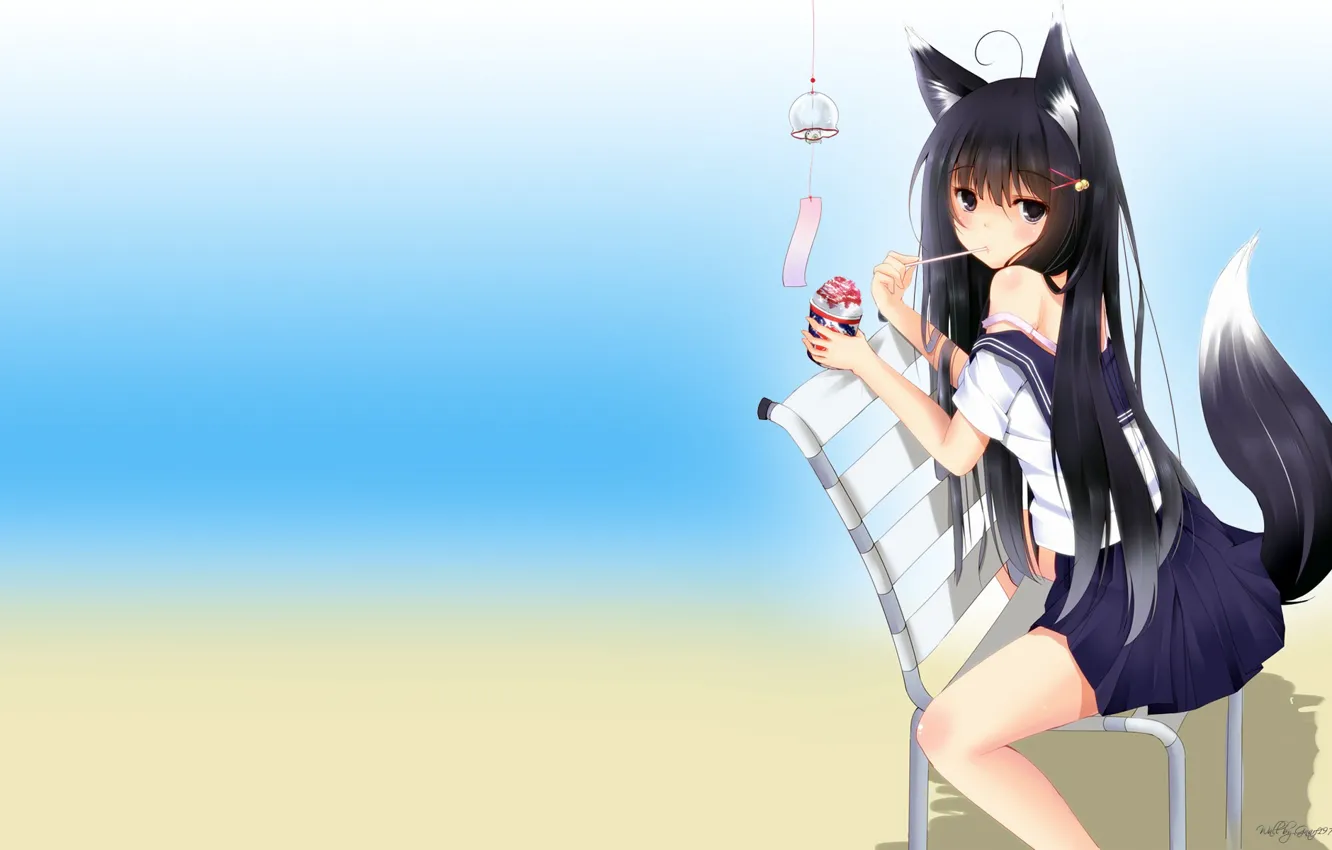 Photo wallpaper girl, ice cream, neko, ears, art, ponytail, sailor, second heaven