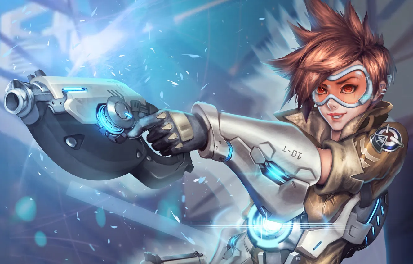 Photo wallpaper girl, smile, weapons, mask, art, Overwatch, Tracer, ashirok-on