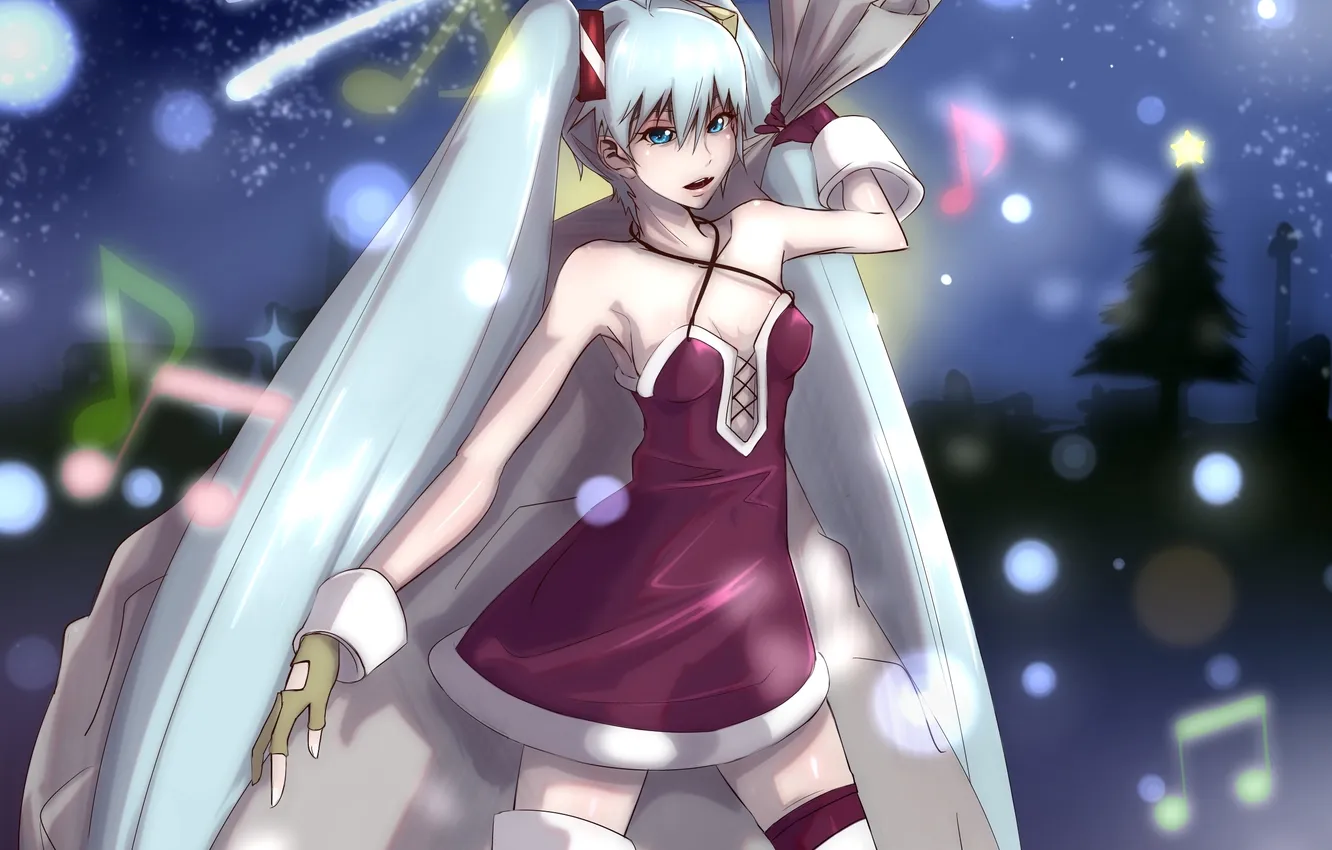 Photo wallpaper girl, joy, gift, new year, vocaloid, hatsune miku, bag, gesture