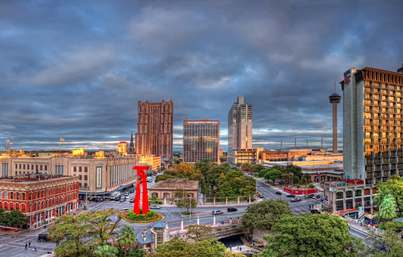 Photo wallpaper Downtown, Texas, Texas, San Antonio, San Antonio, cloudy