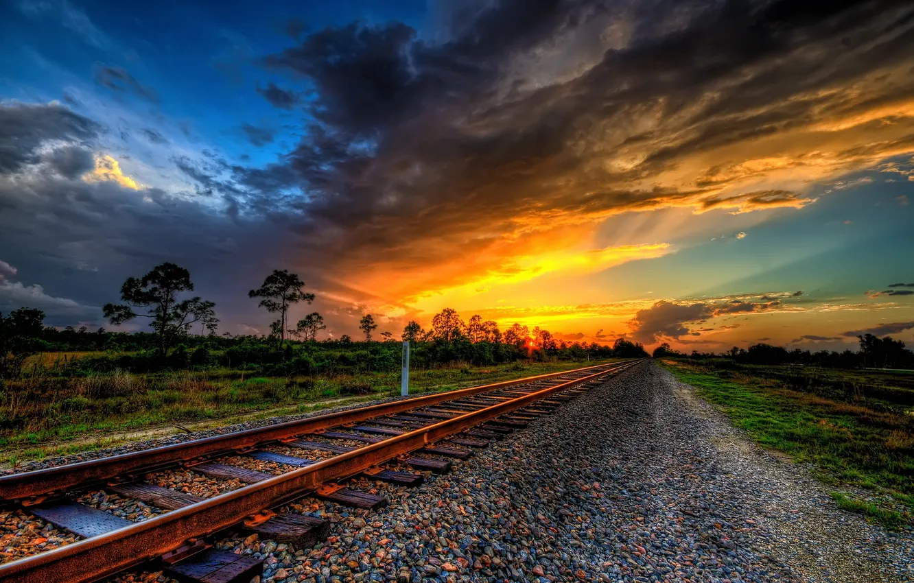 Photo wallpaper landscape, sunset, railroad