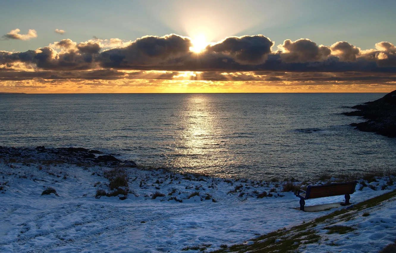 Photo wallpaper winter, sea, the sun, sunset, bench, clouds