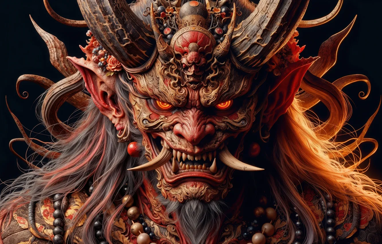 Photo wallpaper look, the demon, fangs, horns, beads