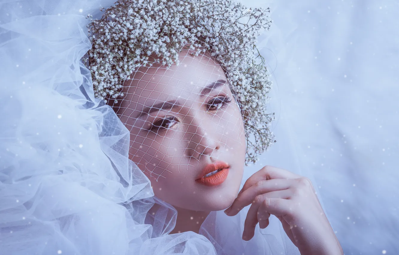 Photo wallpaper look, girl, flowers, face, style, mood, hand, makeup