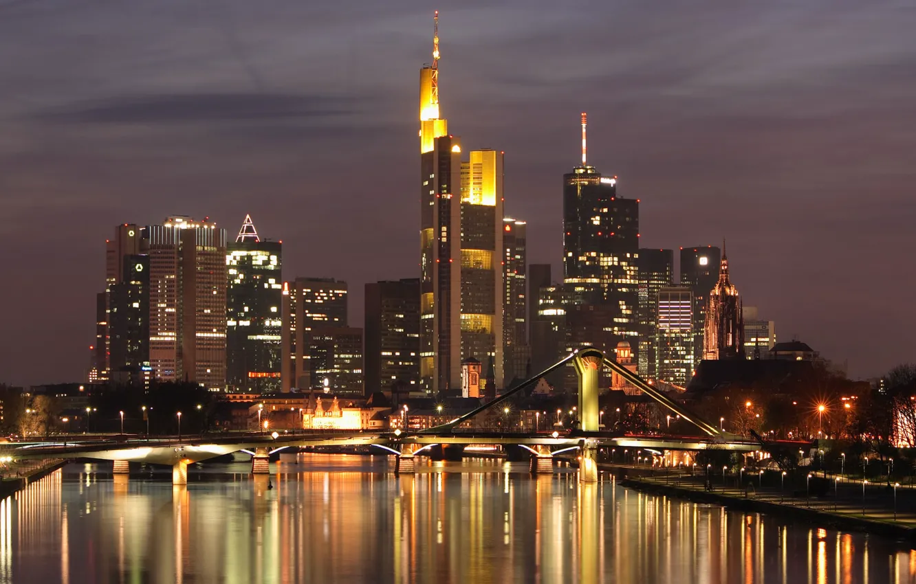 Photo wallpaper night, bridge, lights, river, home, Frankfurt, Germany