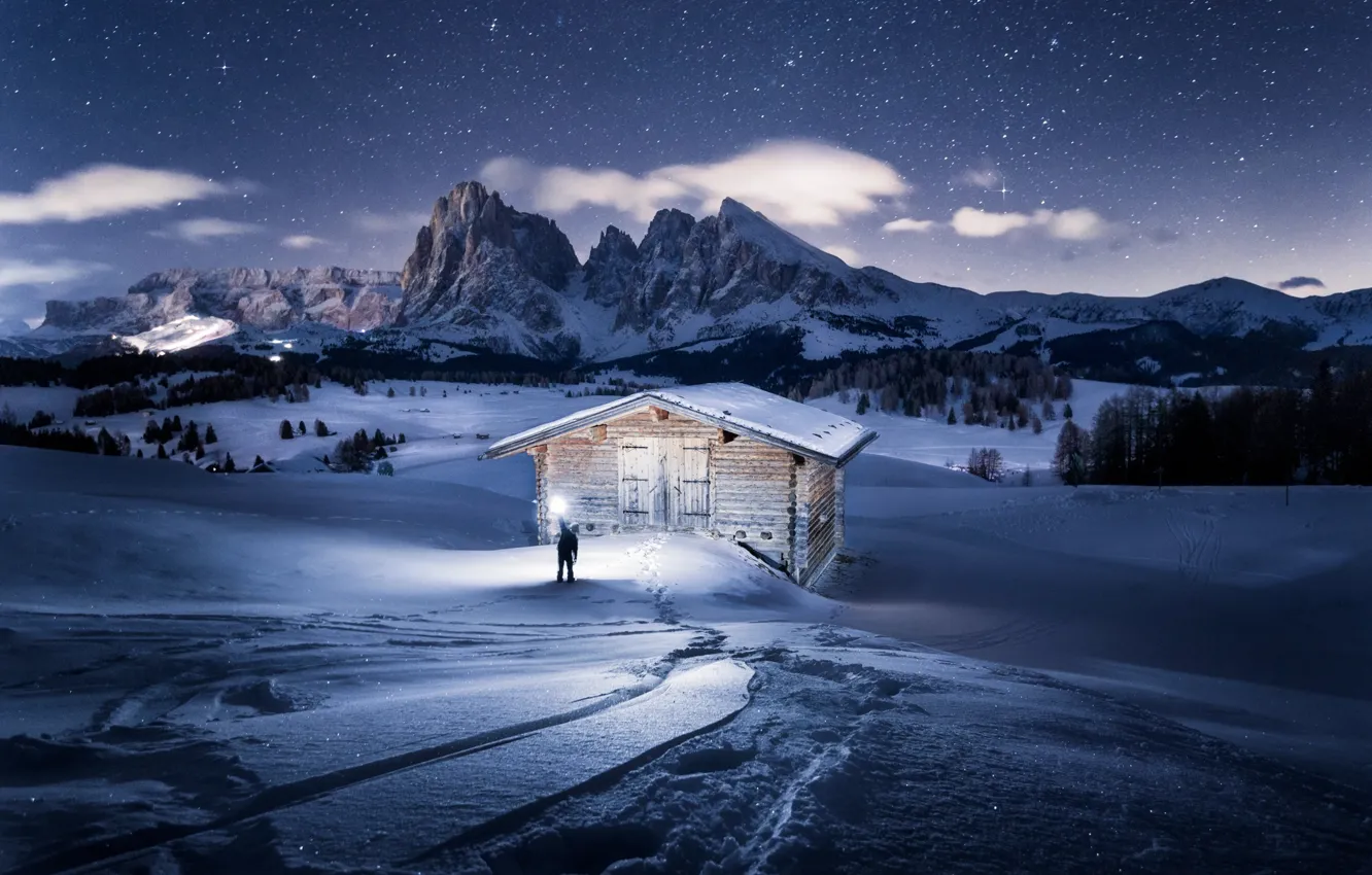Photo wallpaper winter, the sky, stars, clouds, light, snow, mountains, people