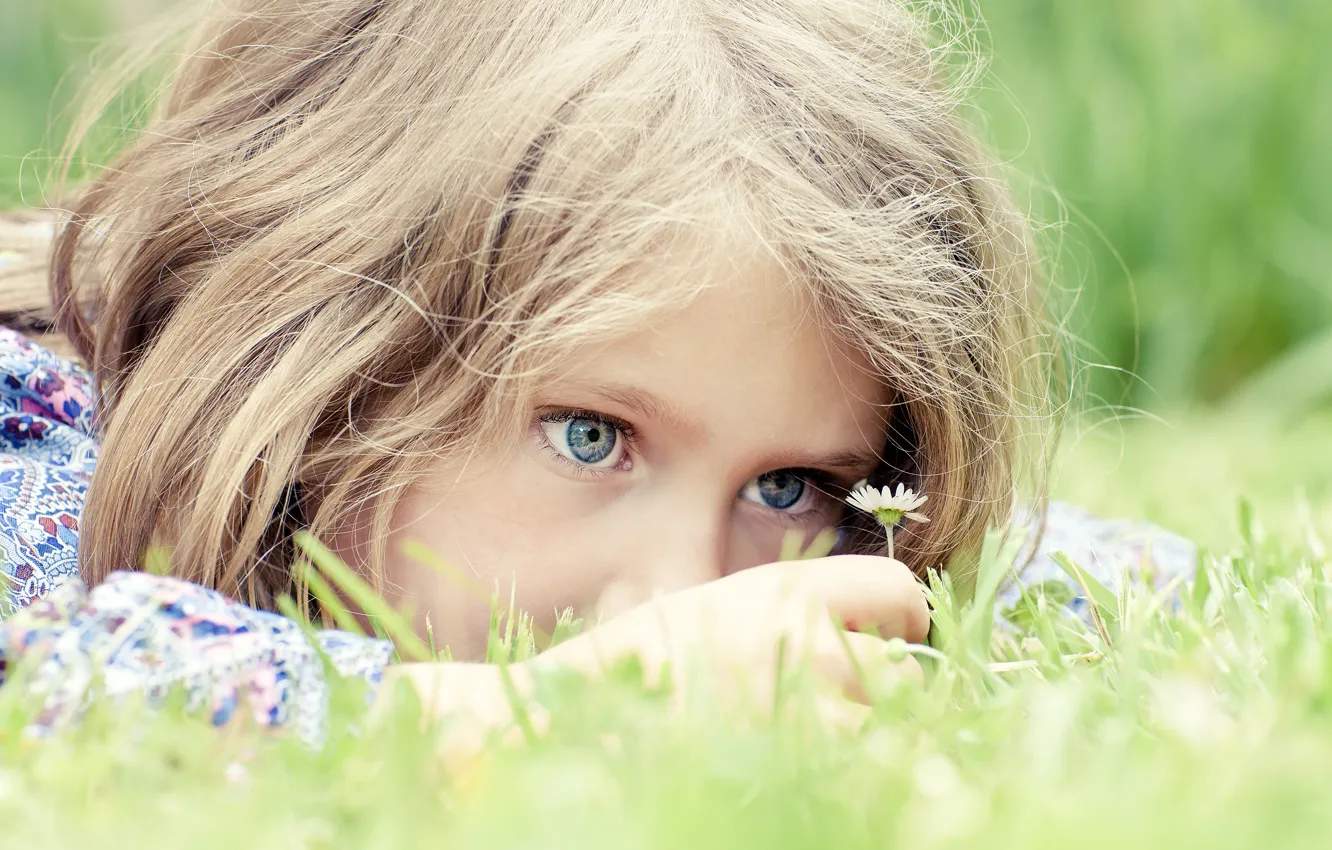 Photo wallpaper grass, joy, flowers, hope, children, childhood, the game, child