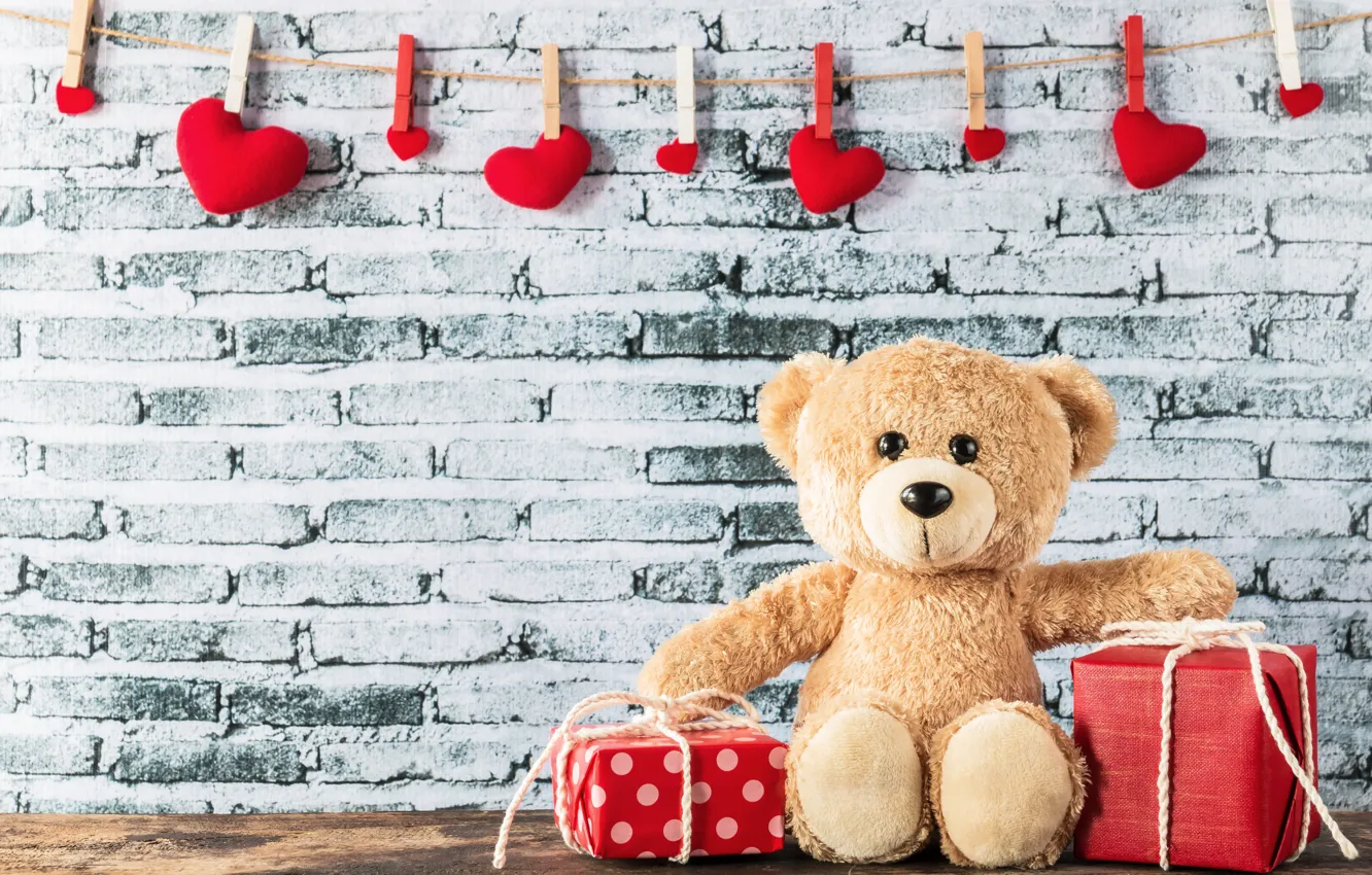 Photo wallpaper love, heart, gifts, hearts, red, love, box, bear