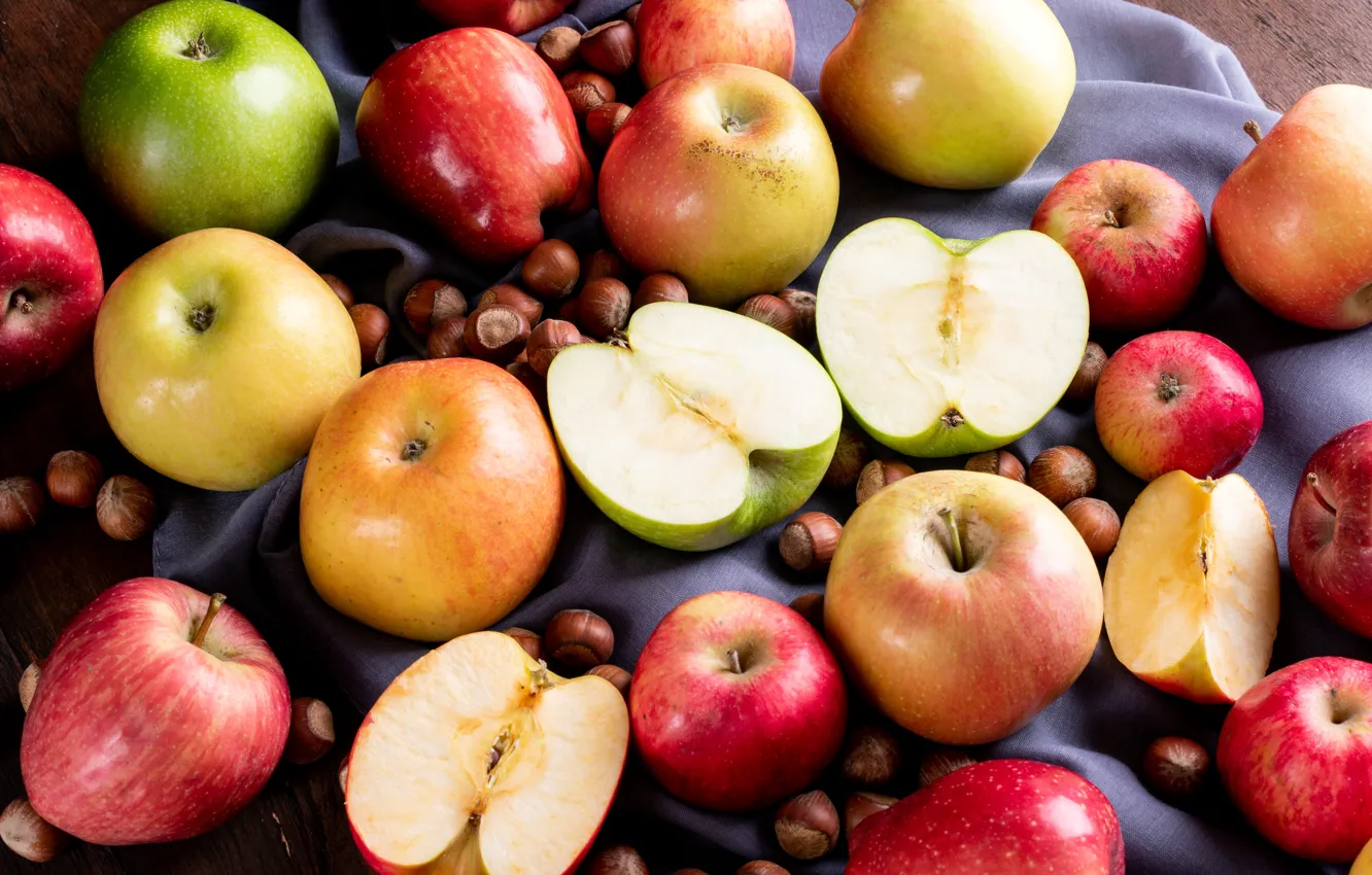 Photo wallpaper yellow, red, green, apples, fabric, fruit, nuts, placer
