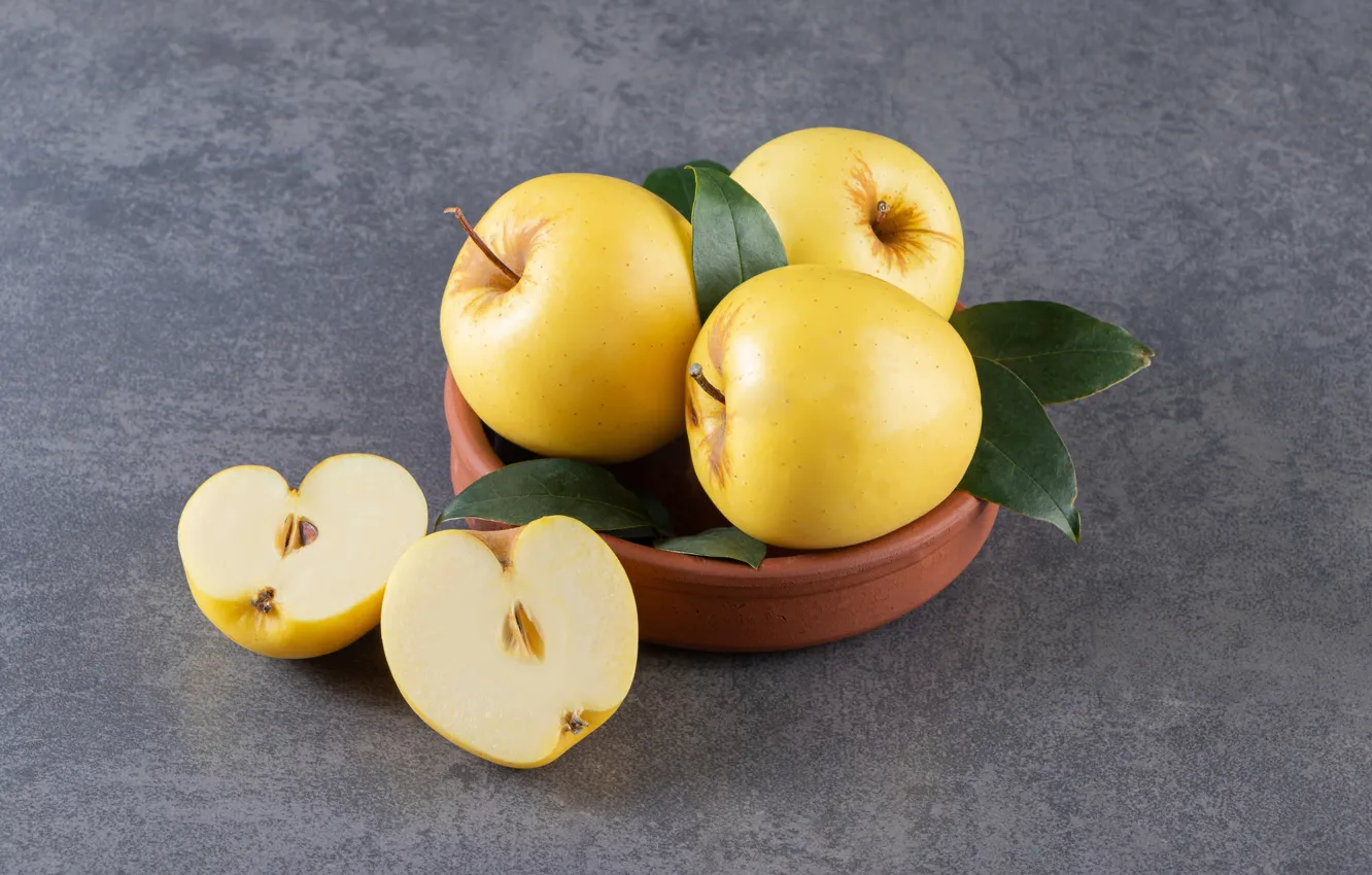 Photo wallpaper leaves, yellow, table, apples, bowl, grey background