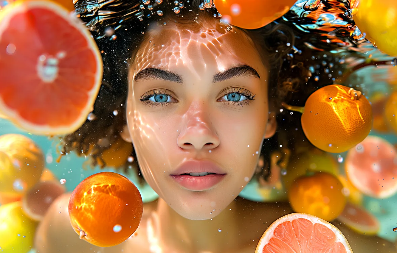 Photo wallpaper look, water, girl, light, bubbles, face, pose, glare