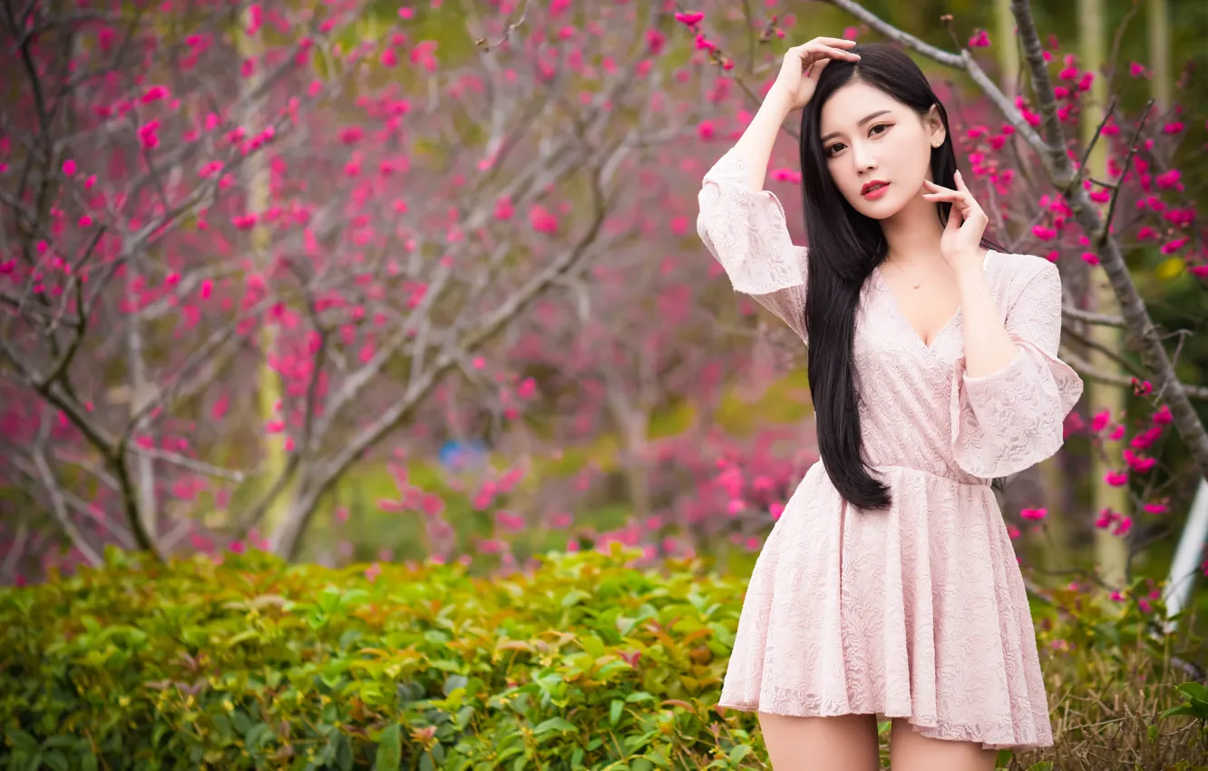 Photo wallpaper look, trees, flowers, model, portrait, makeup, garden, figure