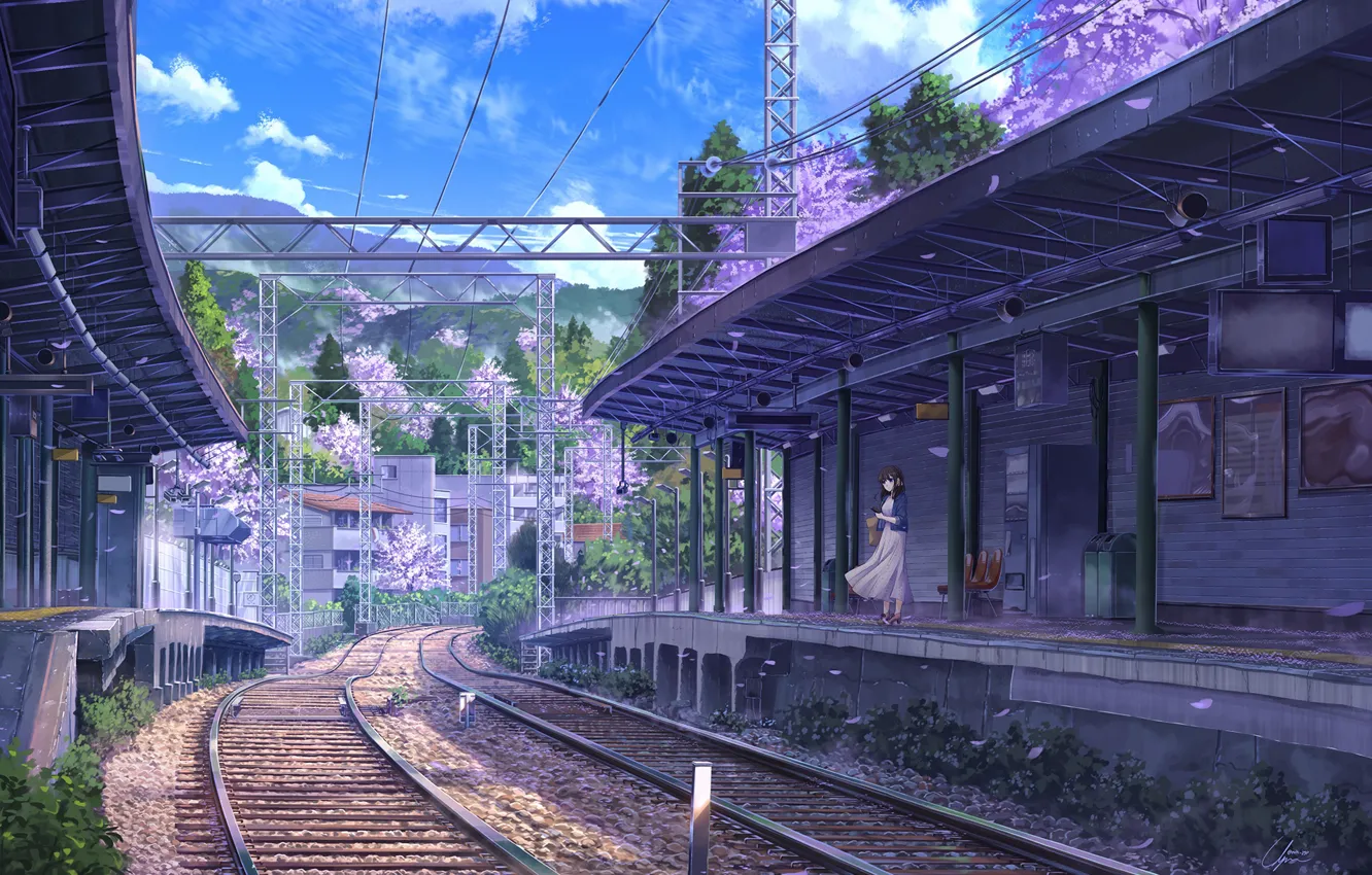 Photo wallpaper girl, spring, station, Sakura, NIK