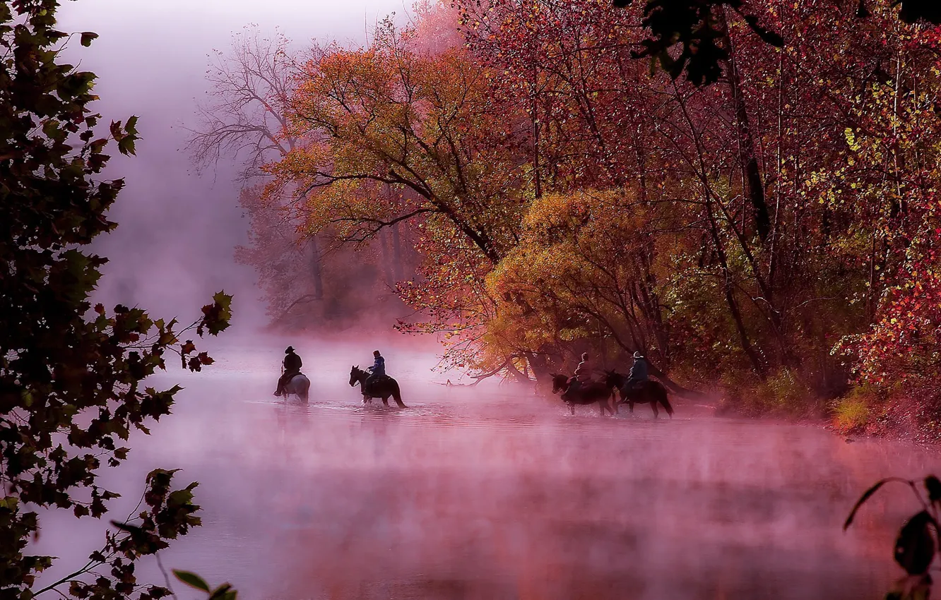 Photo wallpaper autumn, fog, river, morning, riders, Missouri, National Scenic Riverways park, Ozark