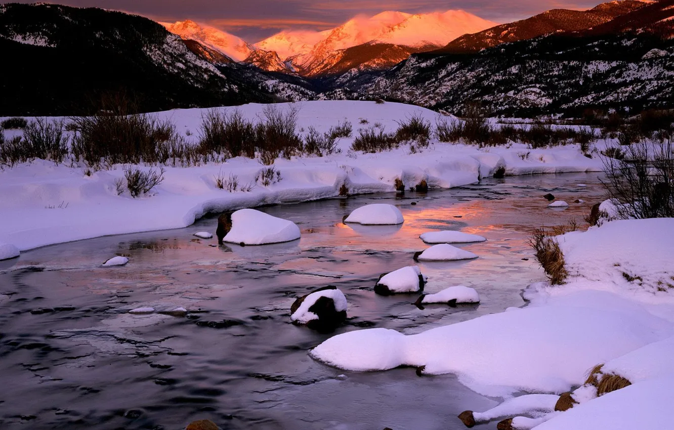 Photo wallpaper winter, snow, mountains, river