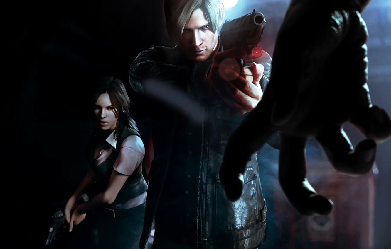 Photo wallpaper girl, man, hands, zombies, gun, Resident Evil 6 art