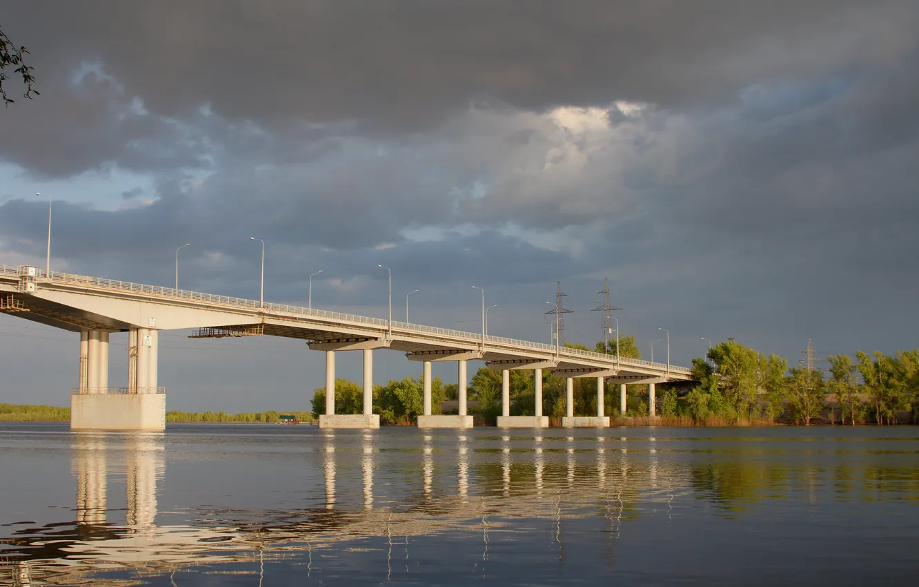 Photo wallpaper the sky, trees, clouds, bridge, the city, spring, Russia, architecture