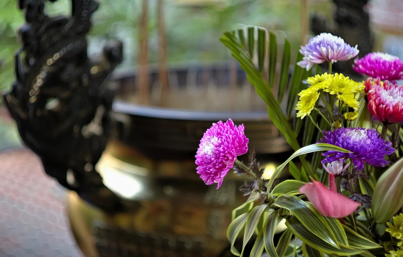 Photo wallpaper summer, leaves, flowers, yellow, bouquet, garden, pink, different