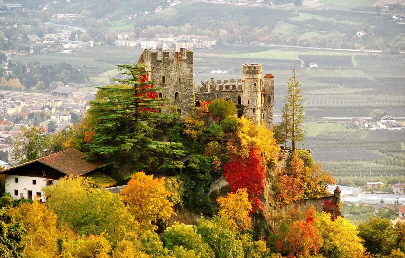 Photo wallpaper autumn, trees, the city, photo, castle, Italy, castle, Fountain castle