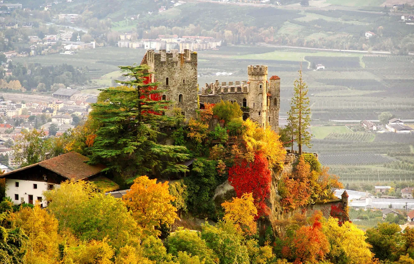 Photo wallpaper autumn, trees, the city, photo, castle, Italy, Castle, Fountain castle