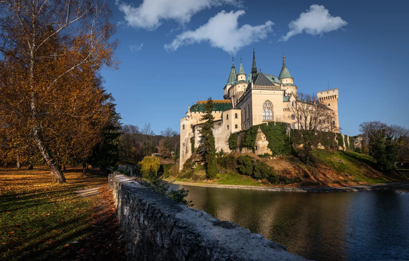 Photo wallpaper autumn, clouds, light, trees, blue, castle, foliage, shadow